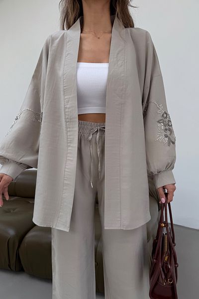 MİA NOURA Women's Kimono Back and Sleeves Beaded Tansel Fabric Kimono Pants Set