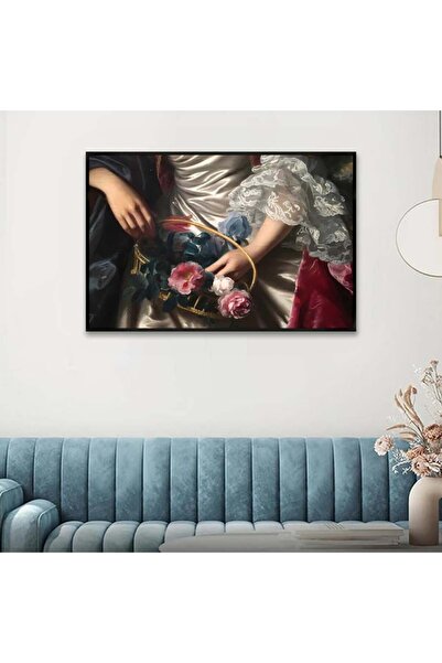SND لوحة جدارية قماشية كانفس بتصميم كلاسيكي لسيدة مع زهور بإطار اسود 120*80 سم