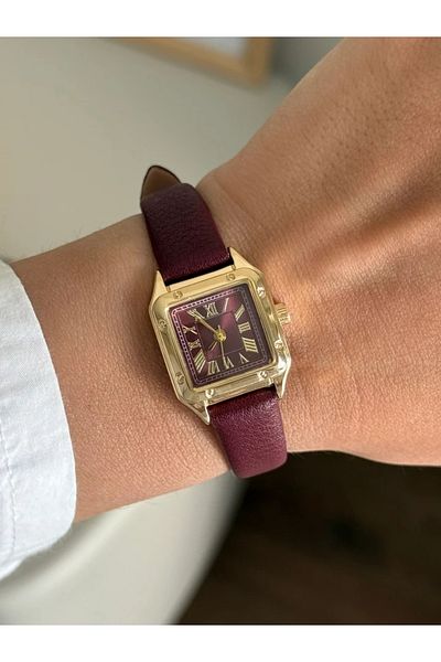 RoseandRoses Cessia Square Minimal Leather Strap Claret Red Cord (Gold Case Claret Red Dial)