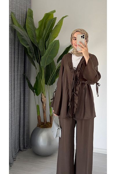 Molly Nelly Women's Summer Cotton Voile Lined Lace Detailed Trousers Blouse Set