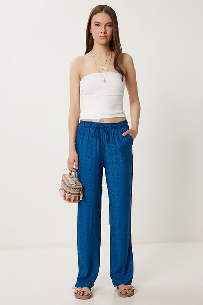Lovelyİstanbul Patterned Summer Viscose Trousers Lwf0044 Cobalt Blue