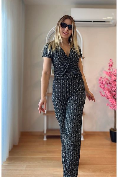 fidoş Women's Top and Bottom Set Crop Blouse with Chest Drawstring Detail and Elastic Waist Trousers