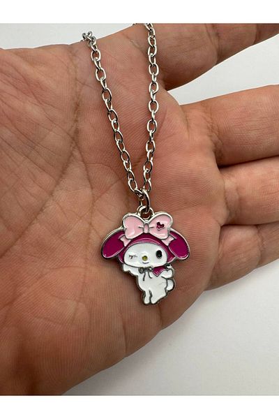 Herşey Nota Pink Necklace with Winking Kuromi Figure – Cute Anime Character Jewelry with 60 cm Chain