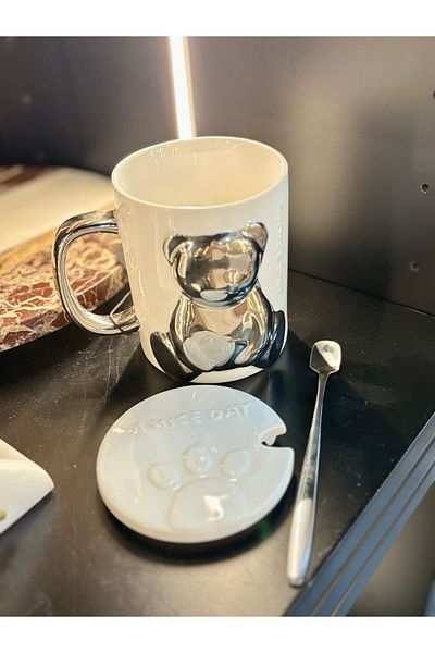 CEZVE HOME Porcelain Mug with Lid, Teddy Bear Figured Bear Mug with Metal Spoon, 1 Piece