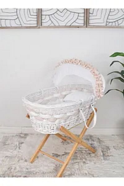 Fun Moment Moses Basket with Bamboo Base and Foldable Wooden Base in White