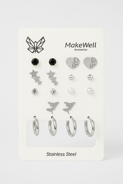 MakeWell Steel Heart Butterfly Crescent Star Dragonfly Design Zircon Solitaire Pearl and Hoop Earrings Set of 9 with Earrings
