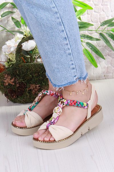 fort 079-513 Fls Buckle Detailed Rubber Tied Colorful Knitted Thick Sole Women's Sandals