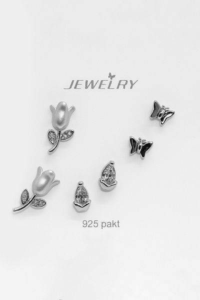 MakeWell Gold and Silver Colors with 925S Sterling Silver Needle Rose and Butterfly Design 3-Piece Earring Set