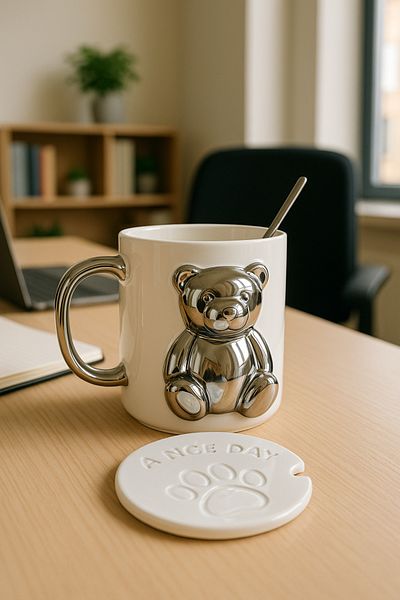 CEZVE HOME Porcelain Mug with Lid, Teddy Bear Figured Bear Mug with Metal Spoon, 1 Piece
