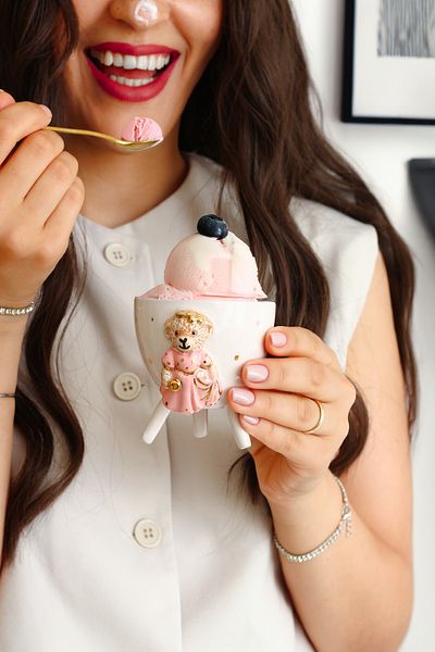 SİNEM YAMAN HOME Pink Girl Teddy Bear Ceramic Presentation Bowl / Hand Made Ceramic Biscuit Bowl / Ceramic Fruit Bowl