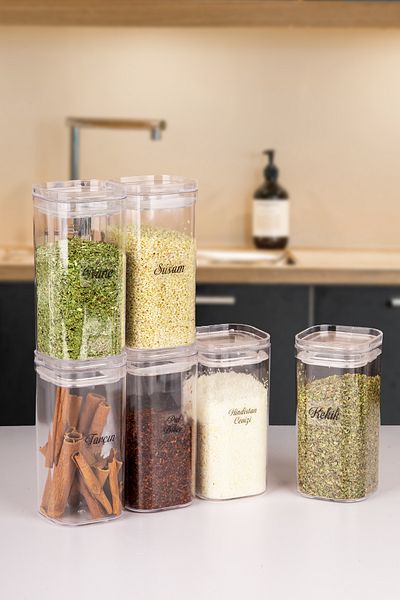 Lizzy 6-Piece Transparent 300 ml Acrylic Vacuum Lid Spice Rack with 24 Pieces of Labels as a Gift