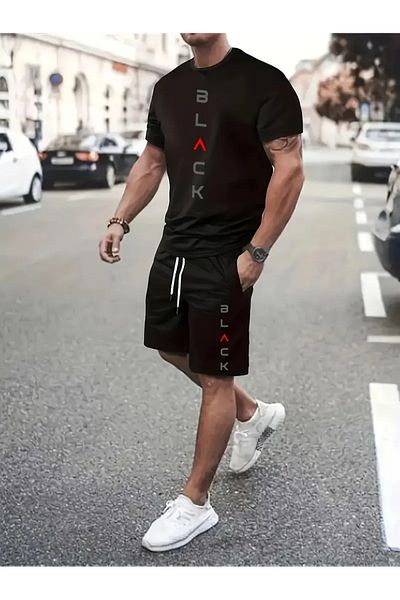 AEMİ Men's Black Printed Oversize T-Shirt Shorts Set