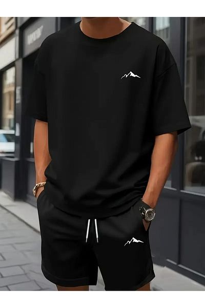 AEMİ Men's Mountain Printed Oversize T-Shirt Shorts Set