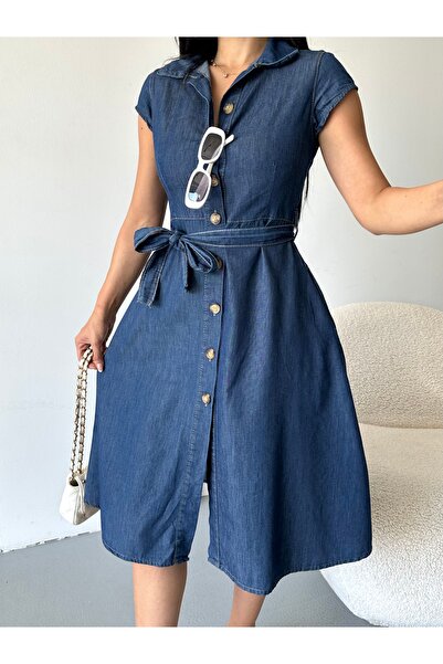 DESTEMODA Kadın İnce Kot Elbise Koyu Mavi 3500