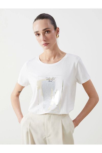 LC Waikiki Lcwaikiki Classic Ecru Crew Neck Printed Women's T-Shirt