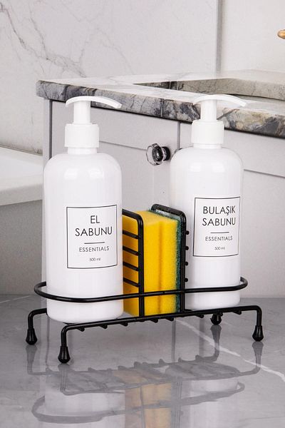 naturelove 2 Liter Sponge White Bottle with Black Metal Stand Plastic Bottle Soap Dispenser Detergent Dispenser 500 ml