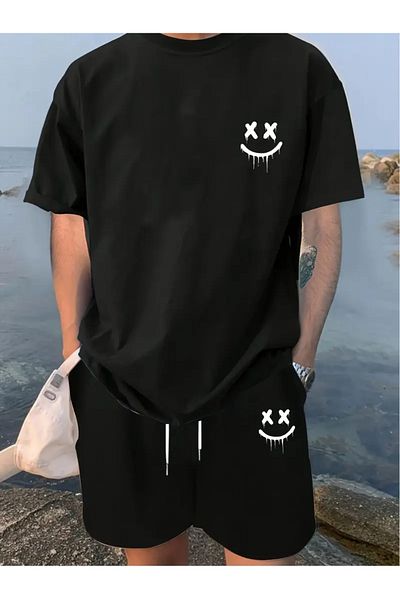 AEMİ Men's X Smile Printed Oversize T-Shirt Shorts Set