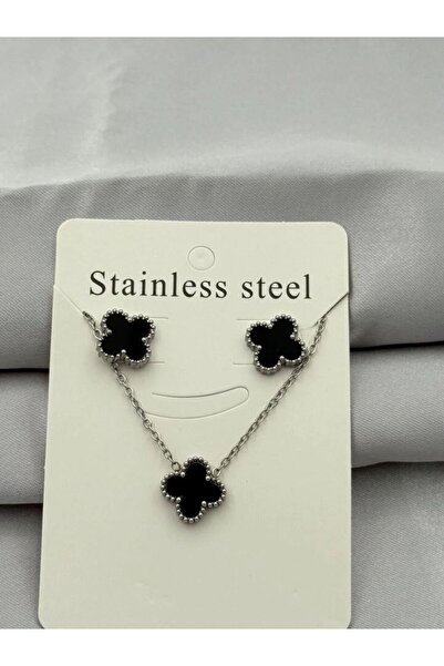 AKSESUARIM Kadın Yonca Figürlü Mineli Çelik Kolye Küpe Set