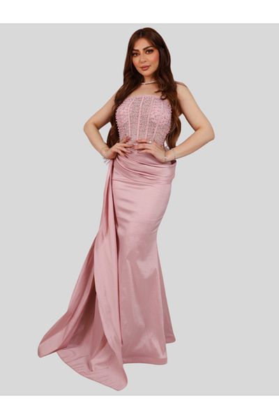 Nice Model Pink Beaded Strapless Evening Gown Mermaid Formal Dress Stone Embellished Prom Party Elegant