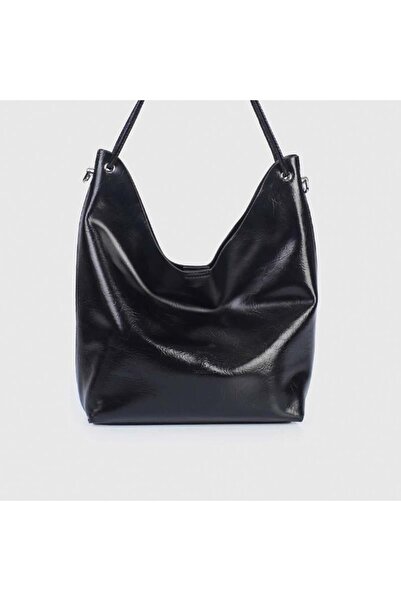 Jacquline Siyah Ebave Parlak Deri Yavru Çantalı Kadın El Çantası