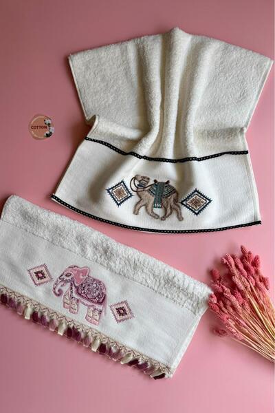 Narma Home Africa Eleph & Camel |   Set of 2 Embroidered Hand Towels – 100% Cotton, Stylish, Ethnic Design Towels (50X90 cm)