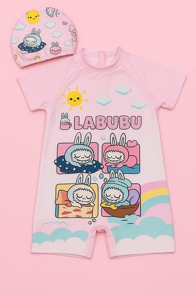ARBİ kids Girls' Labubu Boned Double Short-Sleeved Zipper Swimsuit Summer Vacation