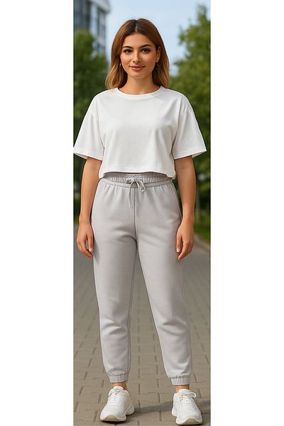 FHELIA Women's 100% Cotton Crop Oversize T-Shirt Single Bottom Jogger Pants 2-Piece Combination