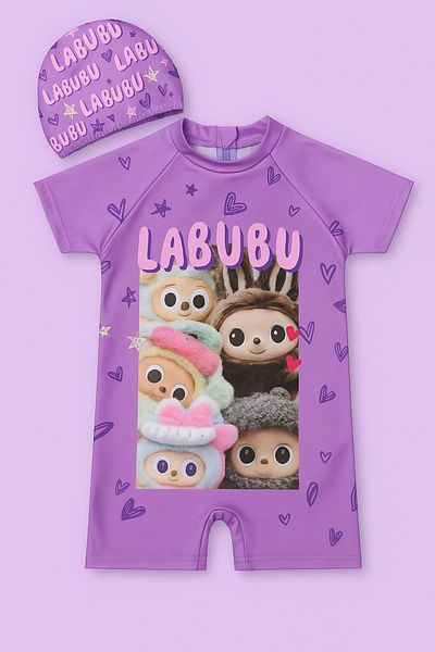 ARBİ kids Girls' Labubu Boned Double Short-Sleeved Zipper Swimsuit Summer Vacation
