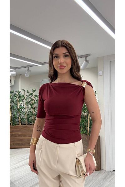 Style vibe Women's One Shoulder Gold Buckle Detailed Lycra Blouse