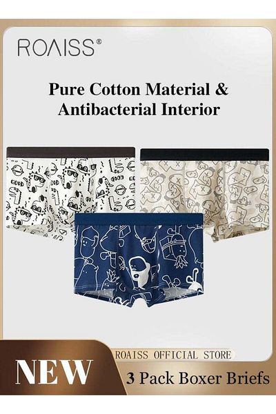 ROAISS 3 Pack Collection of Men Underwear Men Cotton Boxer Briefs of Mid Rise Square Cut Underwear with Ant