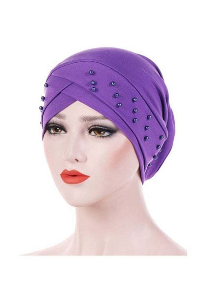 fun zone Women Beads Elastic Turban Hat Muslim Cancer Chemo Cap Hijab Head Wrap Purple
