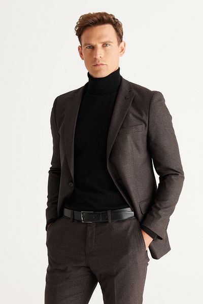 AC&Co / Altınyıldız Classics Ανδρικό καφέ-γκρι Slim Fit Slim Fit μονόχρωμο κοστούμι με μοτίβο γιακά