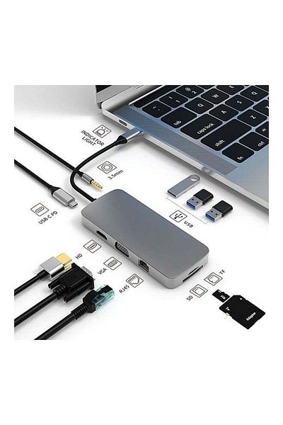 fun zone موزع USB 10 في 1 للشحن السريع من أرابيست، من النوع C إلى 4K HDMI، باللون الرمادي
