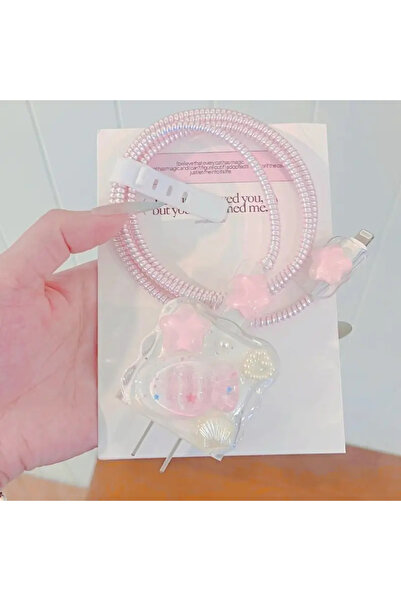 Fibaks 18W/20W Uyumlu İnci Pembe Balık Şarj Aleti Koruyucu Şarj Kablosu Örme Aparatlı Koruyucu Toparlayıcı