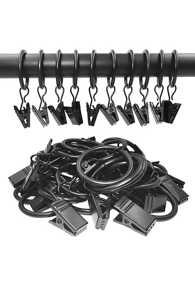 LEAXOR Set 30 Metallic Curtain Rings with Clips, LEAXOR, 38mm, Black