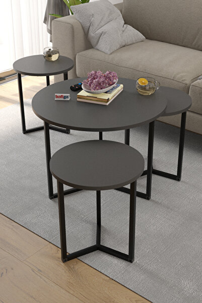 Bofigo 4lü Orta Sehpa Yan Sehpa Dekoratif Sehpa Metal Sehpa Yonca Antrasit