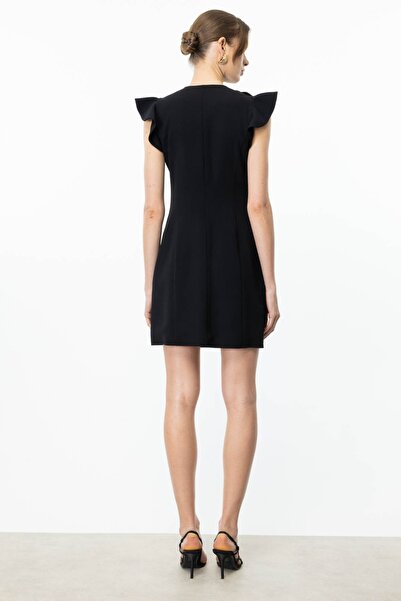 Ekol Omuzu Gül Detaylı Midi Boy Elbise Siyah 05048