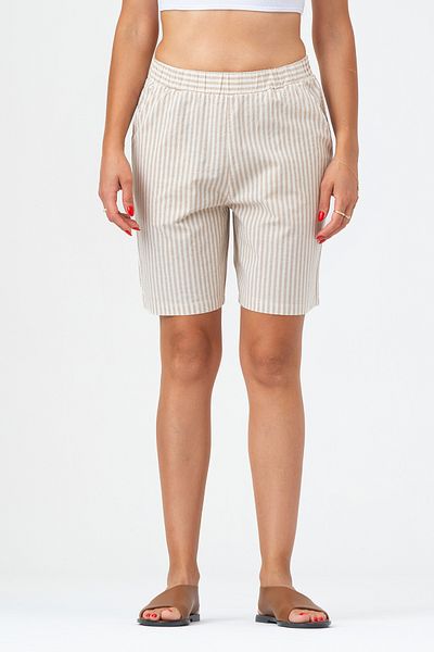 Bold & Young Pantaloni scurți din bumbac cu dungi pentru femei, cu buzunare și talie elastică