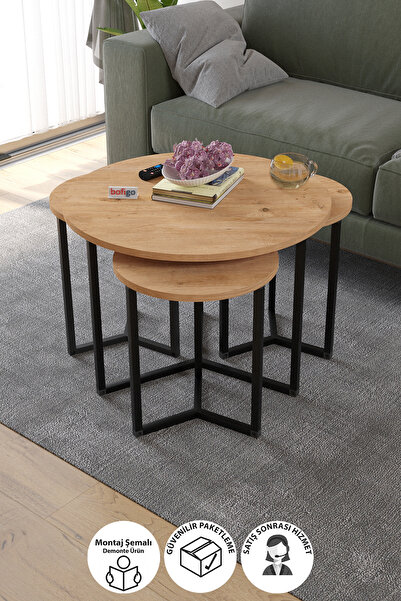 Bofigo 4lü Orta Sehpa Yan Sehpa Dekoratif Sehpa Metal Sehpa Yonca Çam