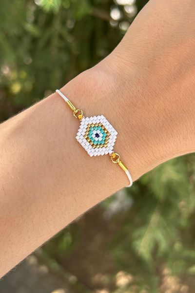 White Jewelry Design سوار عين الشر الفيروزي المصنوع يدويًا من Miyuki - حبل جلدي قابل للتعديل