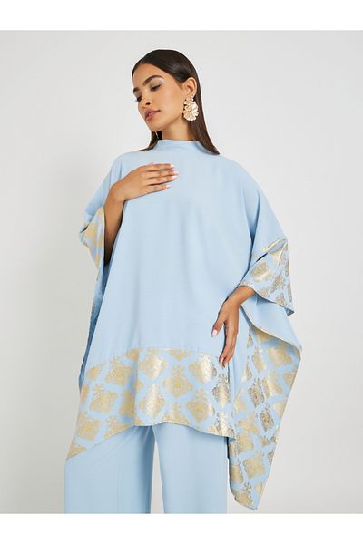 Styli Foil Print High Neck Kimono and Wide Leg Pants Co-Ords