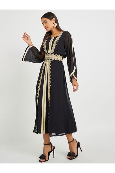 Keenly By Styli Lace Trim Front Open Belted Abaya and Inner Dress Set