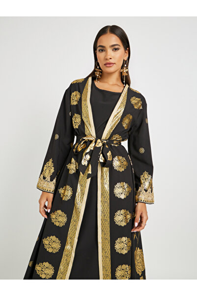 Keenly By Styli Foil Printed Front Open Abaya and Inner Dress Set