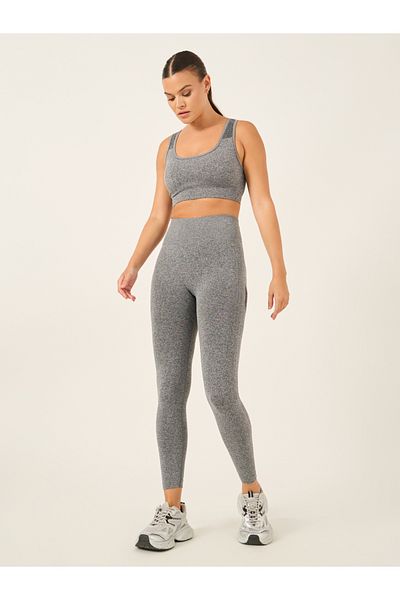 Styli Seamless Back Teardrop Cut Out Sports Bra and Jacquard Leggings Set