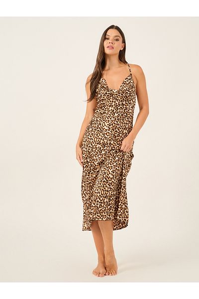 Styli Leopard Print Cowl Neck Satin Slip