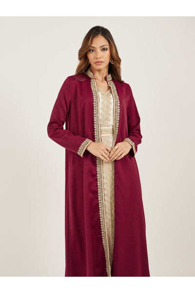 Styli Lace Trim Collared Belted Satin Abaya with Inner Dress
