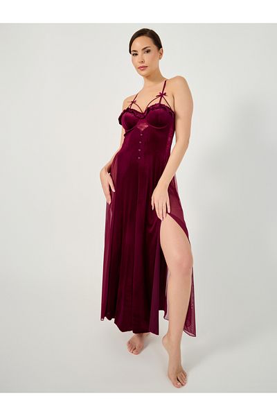 Styli Ruffle Edge Apex Strap Bow Detail Velvet and Mesh Front Slit Maxi Babydoll