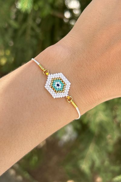 White Jewelry Design سوار عين الشر الفيروزي المصنوع يدويًا من Miyuki - حبل جلدي قابل للتعديل