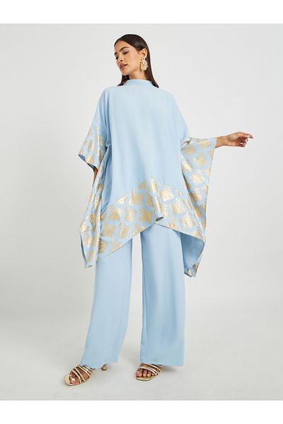 Styli Foil Print High Neck Kimono and Wide Leg Pants Co-Ords