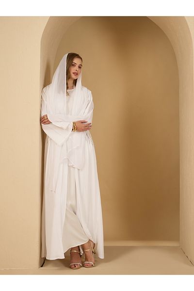 Styli Embellished Detail Textured Abaya with Satin Inner Dress and Scarf Set